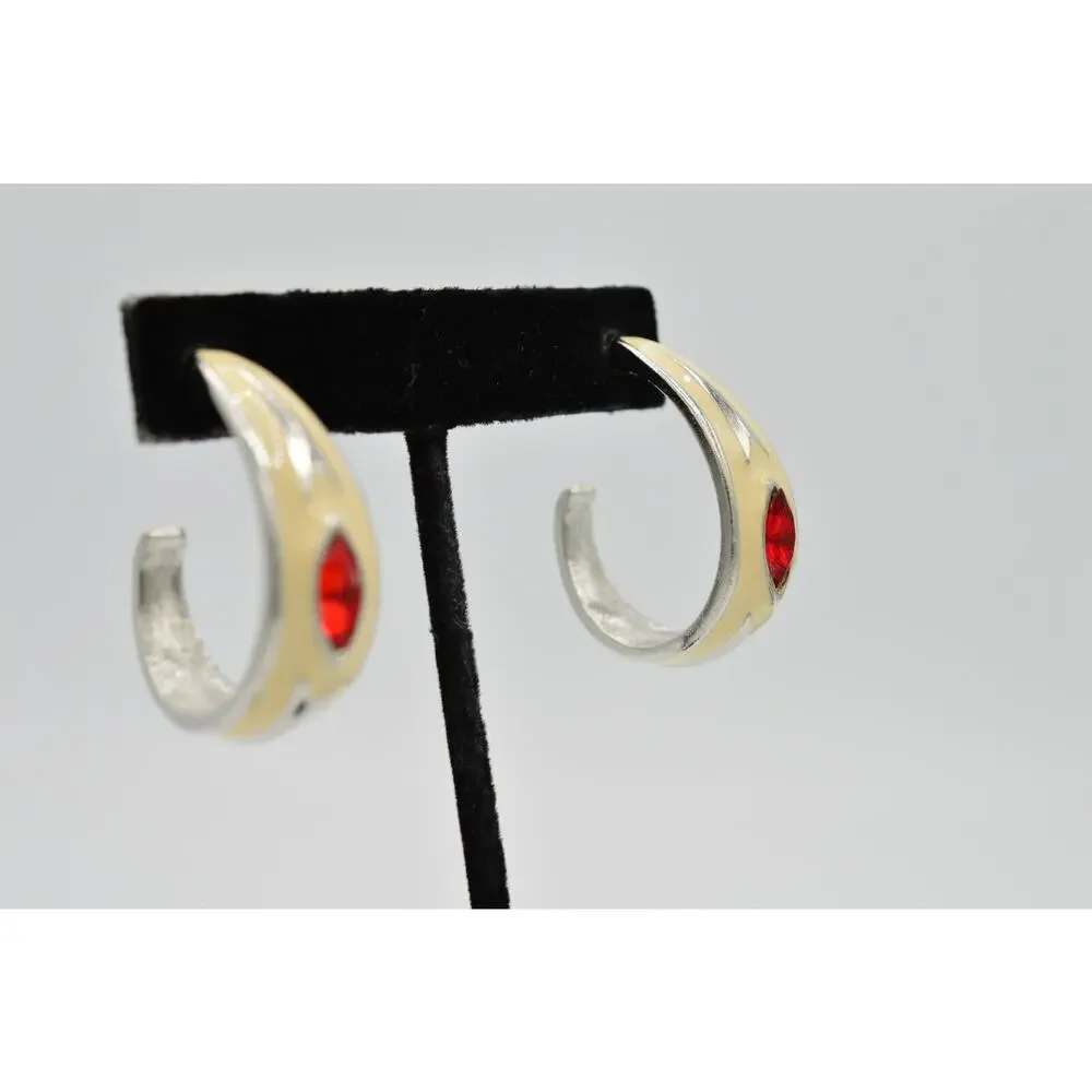 Vintage Red Crystal Earrings Lucite Rhinestone Silver Off White Enamel 1980s 9L
